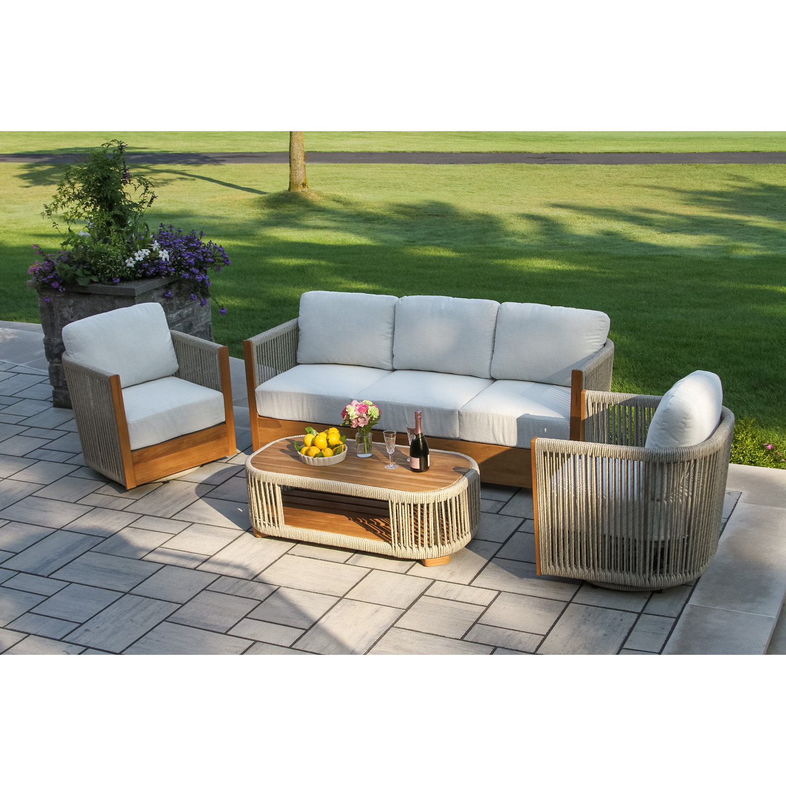 Aniston 4 - Piece Teak & Speckled Cable Wicker With Acrylic Fabric Seating Group