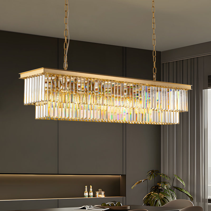 Dimmable Tiered Rectangle Chandelier With Crystal Accents, 10" H x 47" W x 10" D, Gold