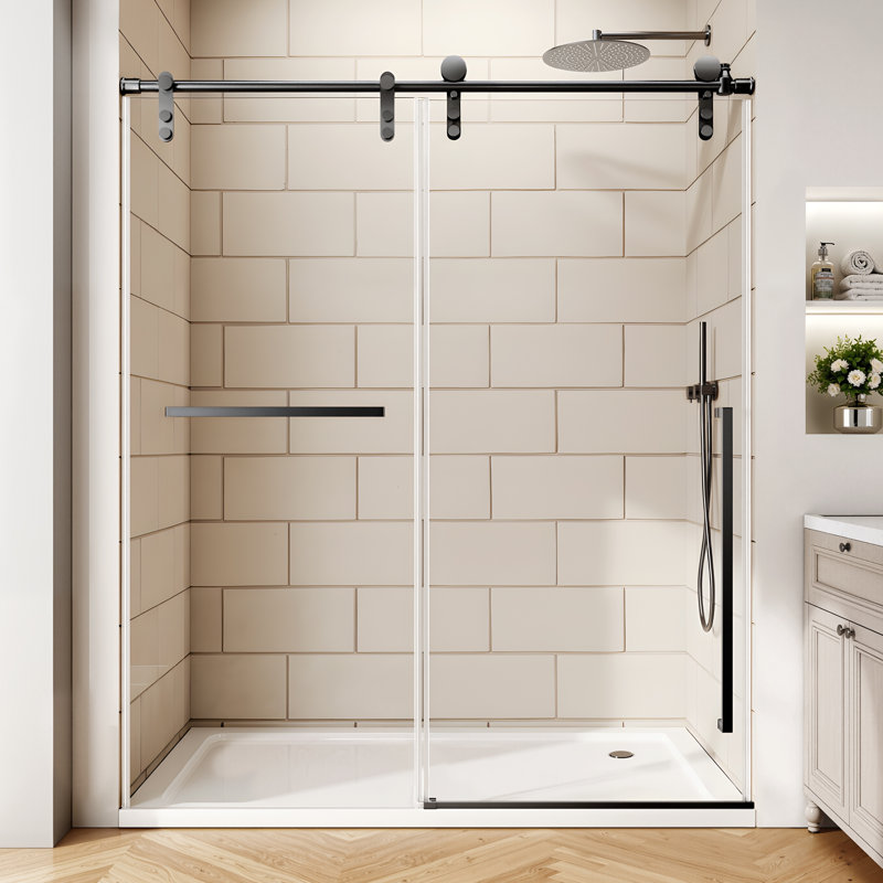 56" - 60" W x 75" H Single Sliding Frameless Shower Door with 5/16" (8mm) Glass with Explosion-Proof Film , Stainless Steel Handle Black