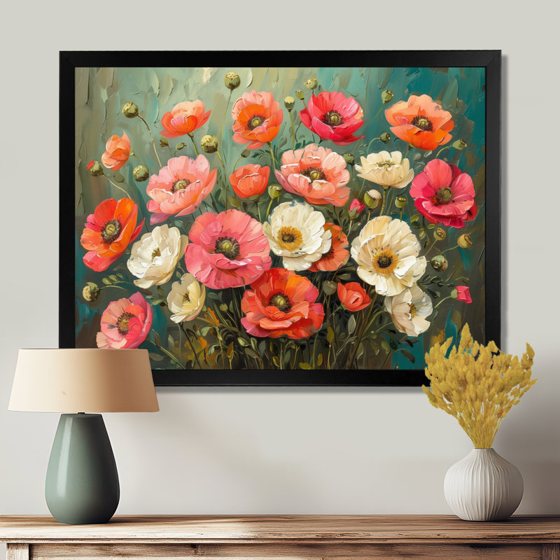 Rose blanc, coquelicots, bouquet radieux - coquelicots, art mural, Toile encadrée noire simple, H 34 po x l 44 po x P 1,5 po