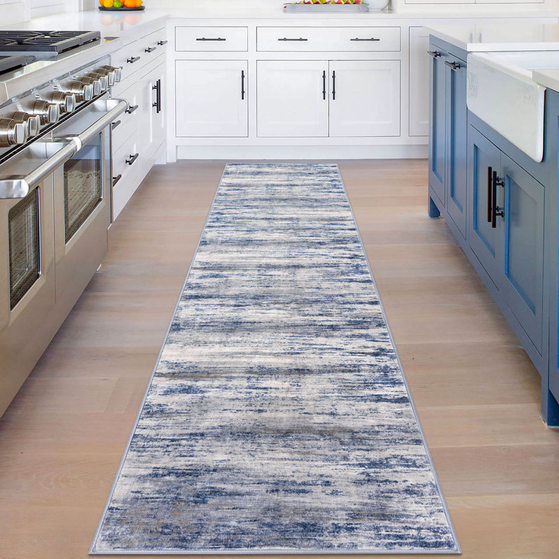 Machine Washable Area Rugs Rubber Backed Rug for Bedroom Living Room, Runner 2' x 8', Blue/Gray
