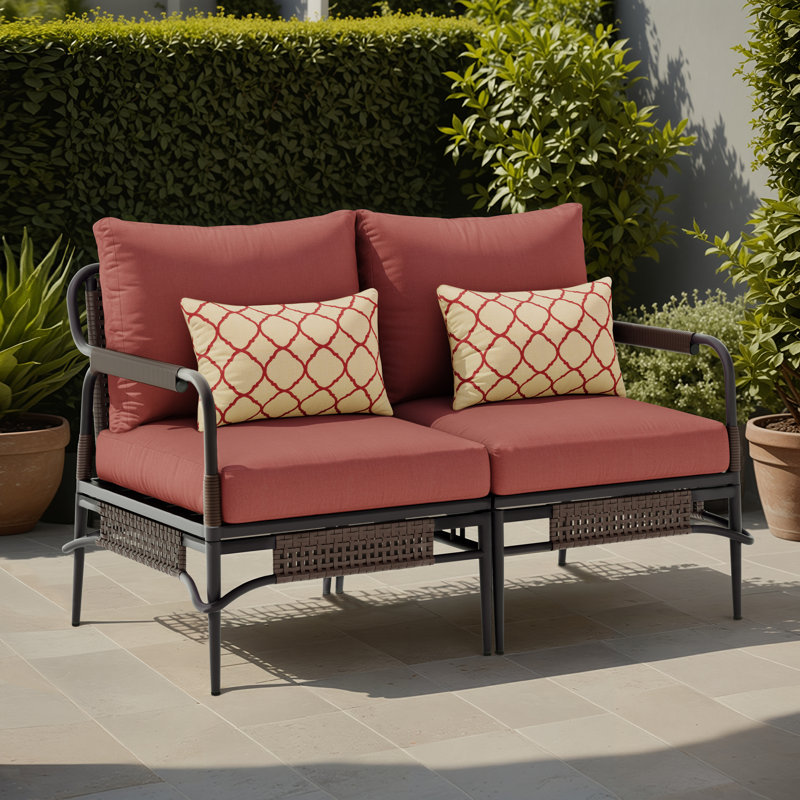 Fern Aluminum & Wicker Outdoor Loveseat with Cushions & Sunbrella Pillows, Dark Gray Frame/Canvas Henna Cushion