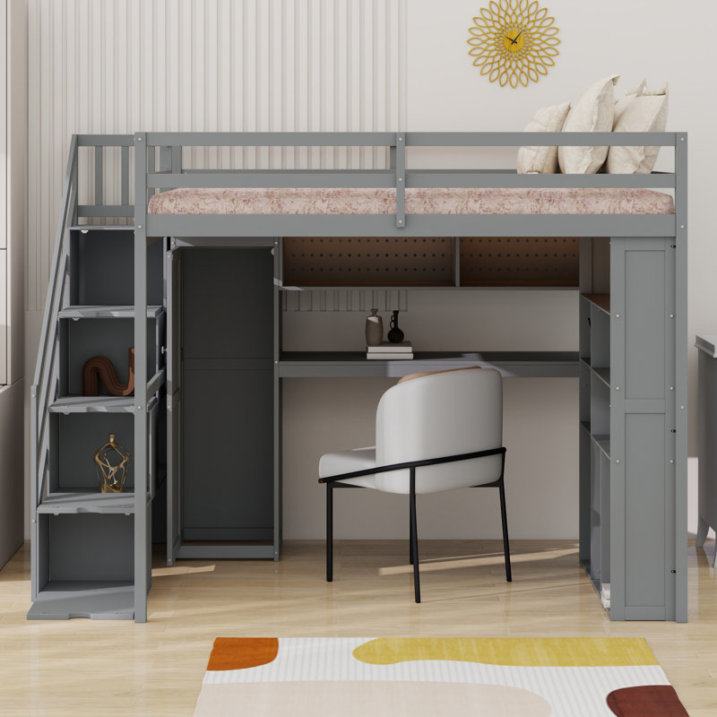 Lit mezzanine peu encombrant avec armoire intégrée, bureau, tablettes et éclairage, Gris