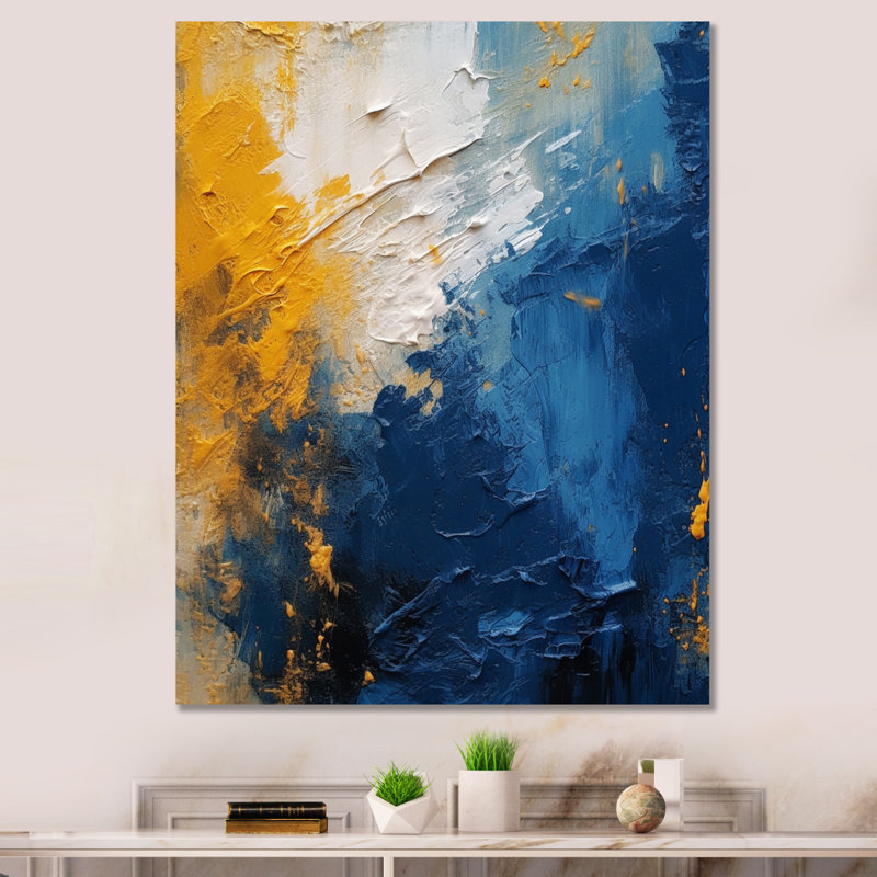 Expressions intuitives bleues et jaunes I - Décoration murale abstraite, 32" H x 16" W, Toile tendue