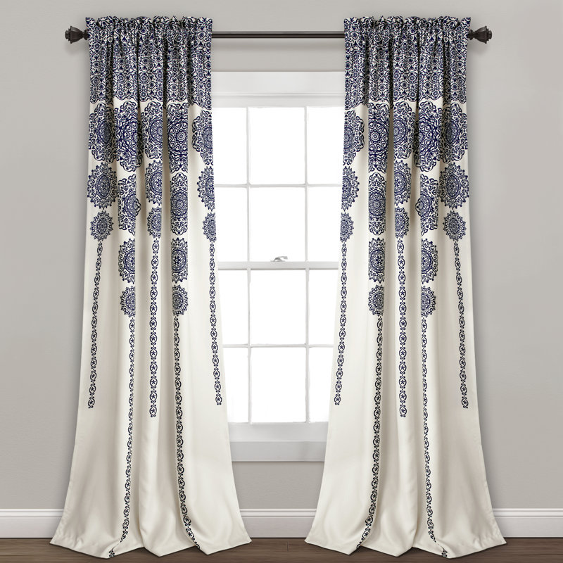 Stripe Medallion Room Darkening Curtain Pair, Navy, 52" W x 95" L
