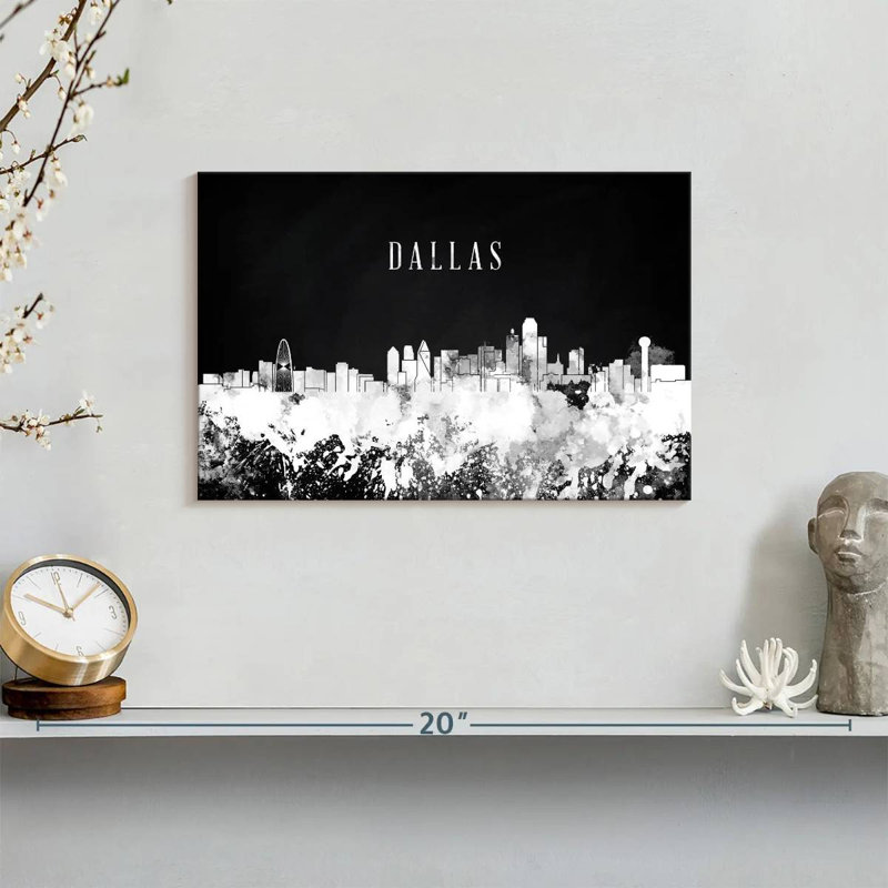 Impression sur toile Dallas Skyline BW, H 8 po x l 12 po x P 1 po
