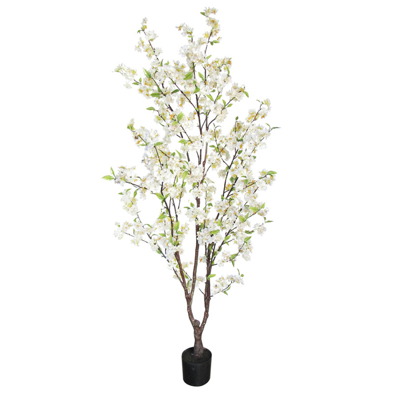 Artificial Cherry Blossom Tree in Pot, 66" H x 34" W x 32", Cream/White