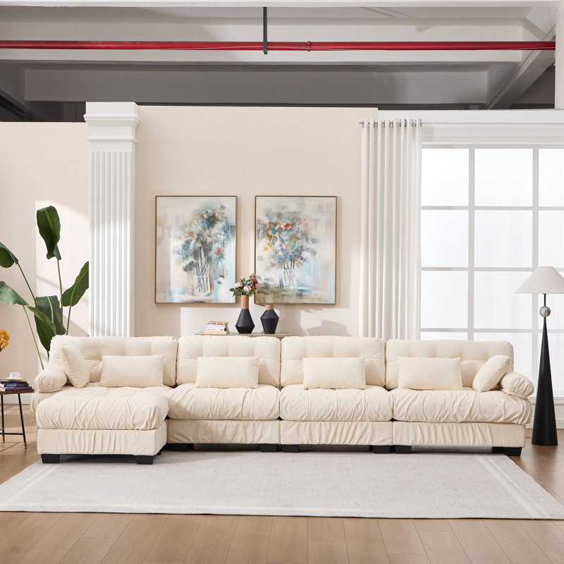 Canapé modulaire modulaire avec nuage, canapé modulaire en forme de L pour le salon, canapé modulaire à assise profonde avec accoudoirs ronds, 6 coussins, canapé moderne en flanelle à 4 places pour la chambre à coucher