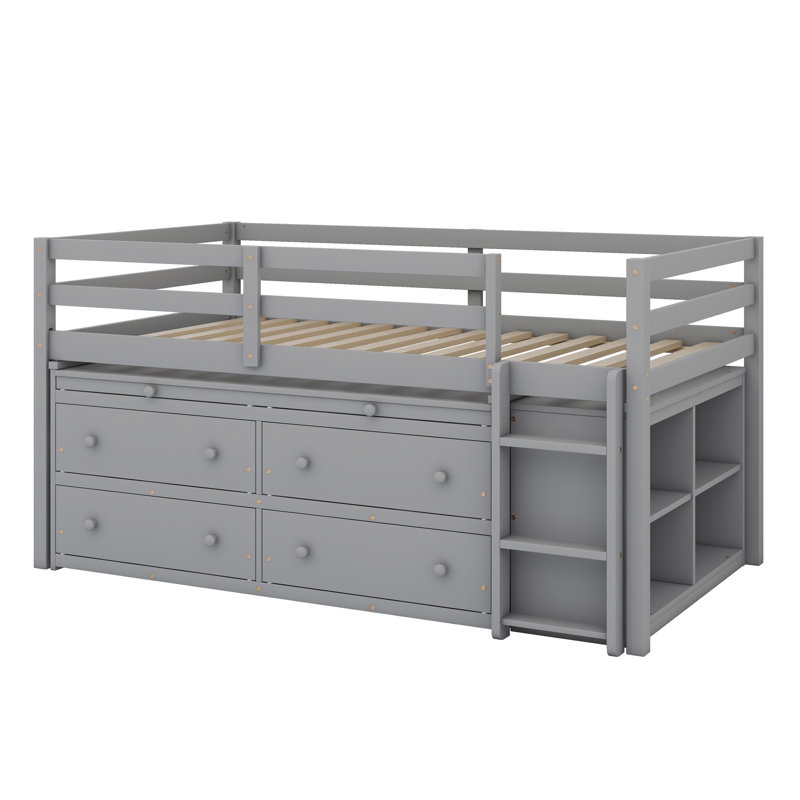 Lit mezzanine avec bureau d'écriture rétractable et 4 tiroirs, lit mezzanine avec bureau portatif latéral et tablettes, Gris