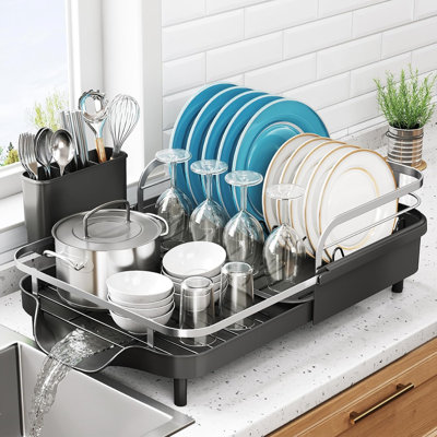 Expandable Dish Drying Rack, Black Rust-Resistant Stainless Steel, Protective Side Rails, Self-Draining Drainboard, Removable Utensil Holder