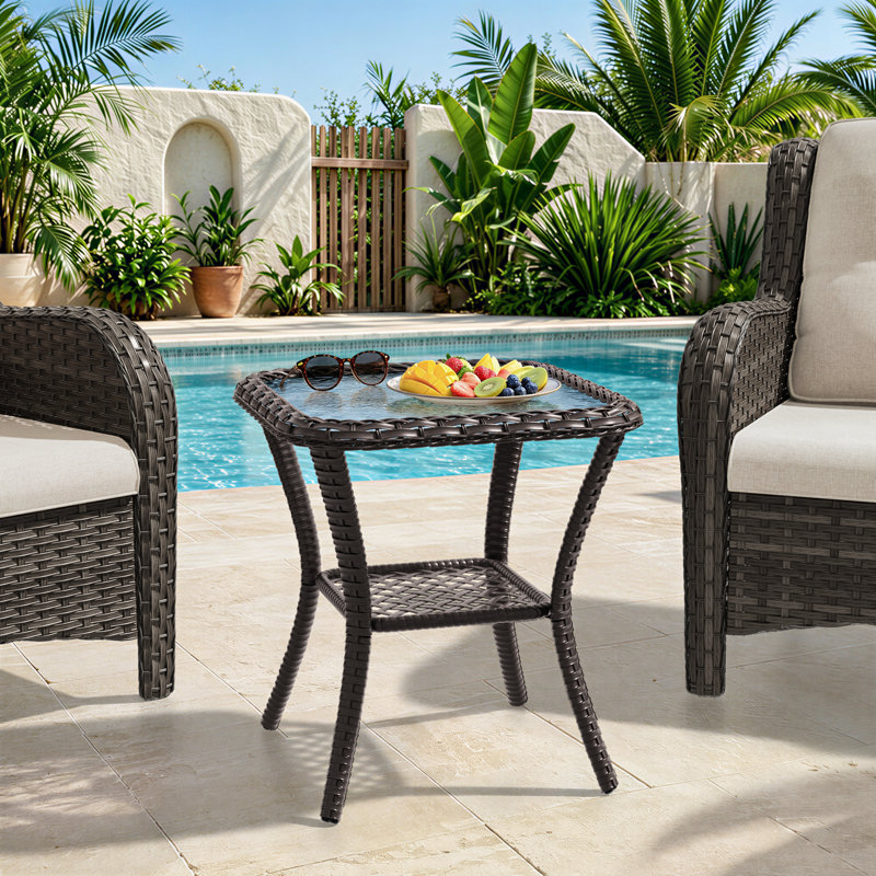 PE Wicker Glass Top Patio Side Table