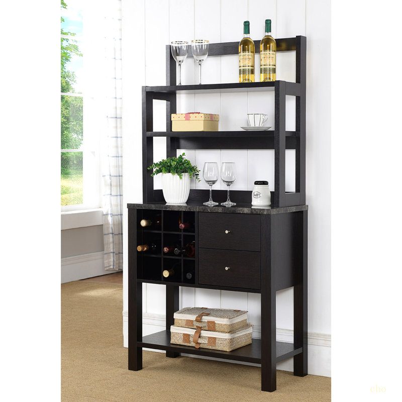 Armoire en marbre / bois avec trois tablettes, un compartiment à vin et deux tiroirs - cacao rouge
