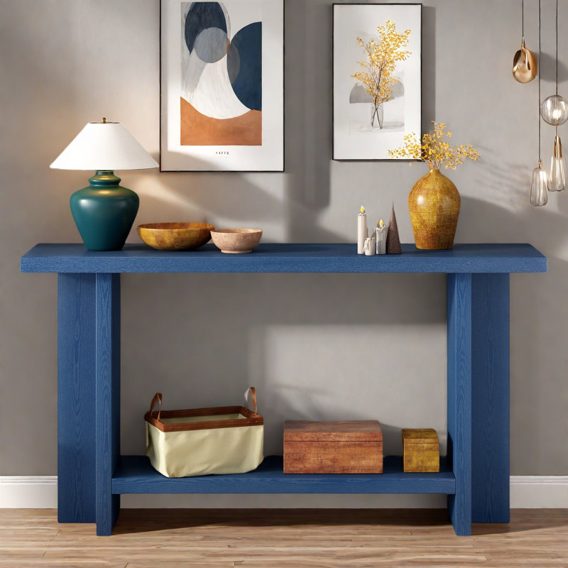 Vintage Console Table With T-leg Design And 2-tier Structure, Navy Blue