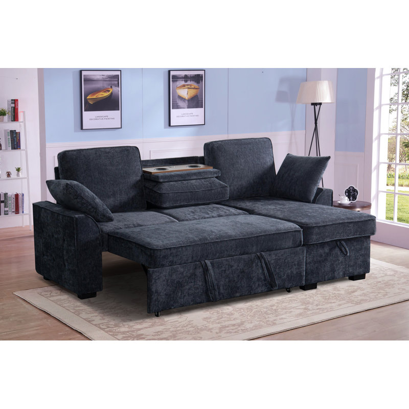 Canapé modulaire 3 pièces en chenille avec dossier porte-gobelet, méridienne de rangement et lit escamotable, Bleu très foncé