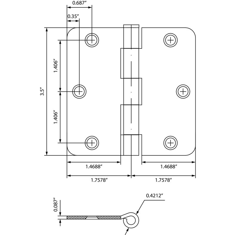 Charnières de porte 3-1 / 2 ", coin de 1/4" de rayon, Noir mat