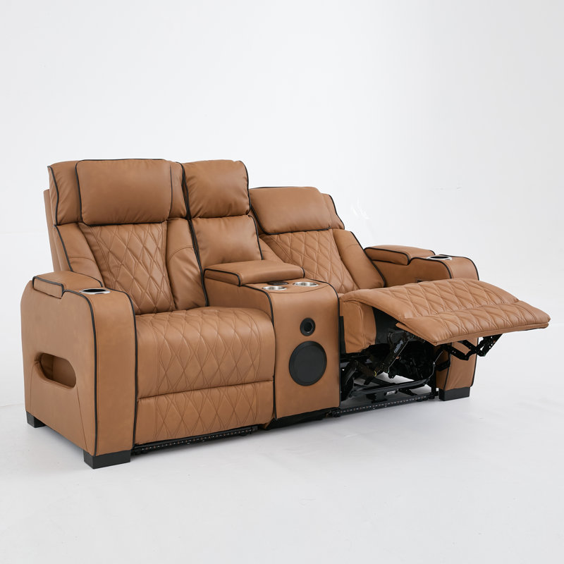 Canapé inclinable électrique 2 places avec éclairage DEL, porte-gobelets, console de rangement, surpiqûres en losange et accoudoirs rembourrés, revêtement en similicuir pour home cinéma.