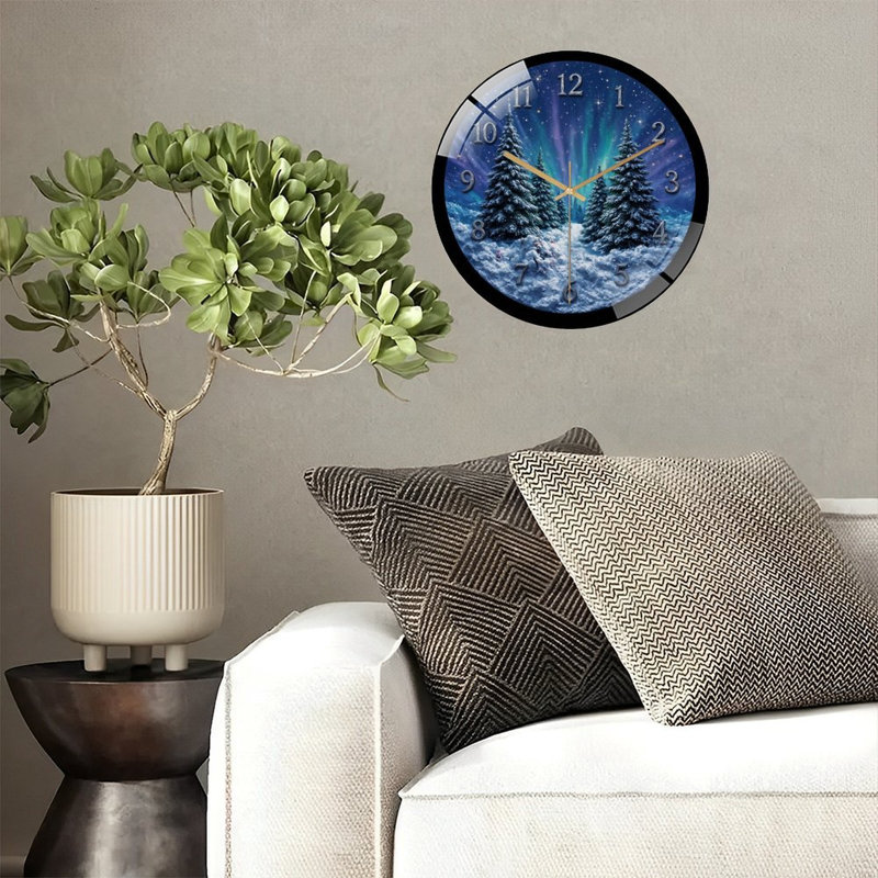 Clock-Face-Winter-Forest-Aurora-Sky Art - 12'' Modern Glass Wall Clock