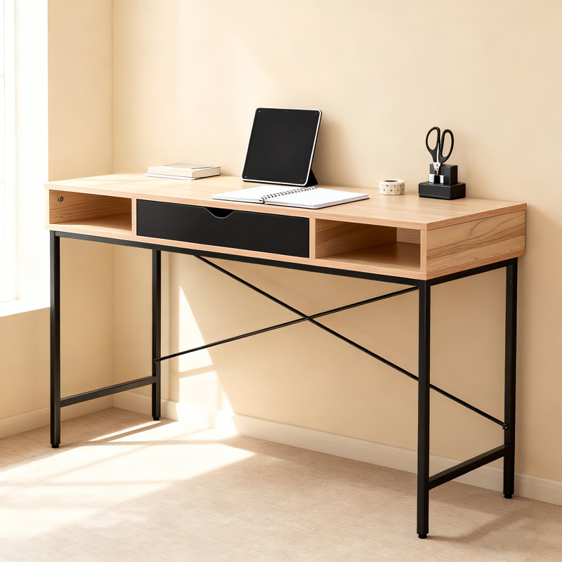 Desk with Built-in Outlets - Modern Office Desk with USB Charging Ports, Oak/Black