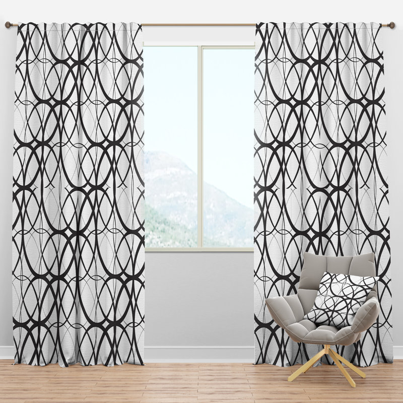 Monochrome Geometric Pattern - Mid-Century Curtain - Velvet Room darkening - 1 panel, 52"W x 108"L