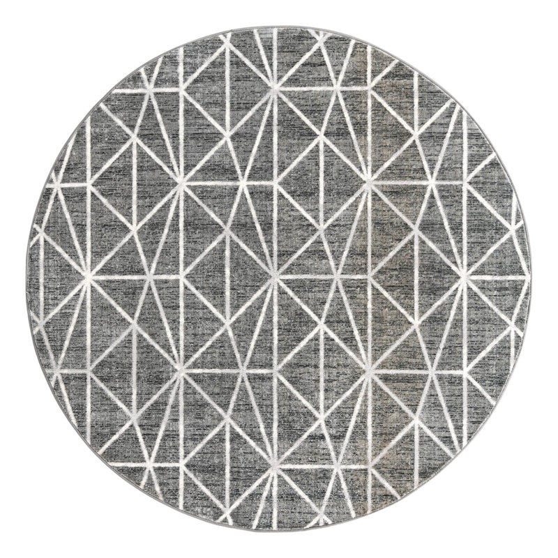 Tapis géométrique gris foncé / ivoire Oceola, Rond 7 pi