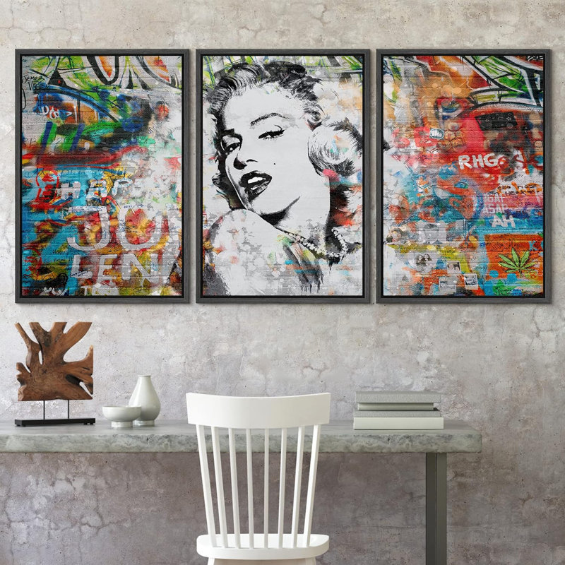Peinture en aérosol Marilyn Monroe Graffiti et art urbain, art moderne coloré, portrait urbain, 3 pièces, Cadre flottant noir