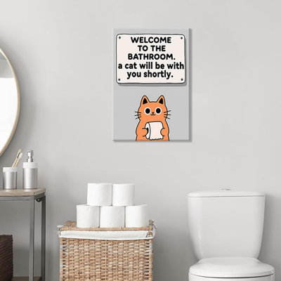 Funny Bathroom Wall Art,Welcome To The Bathroom A Cat Will Be With You Shortly Paintings Posters,Orange Cat Holding Toilet Paper Canvas Pictures Prints,Funny Wall Decor 12X16in