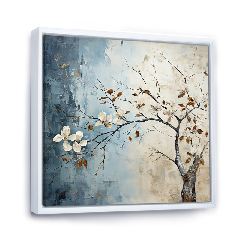 Feuille et fleur en hiver, Cadre flottant blanc, H 36 po x l 36 po x P 1,5 po