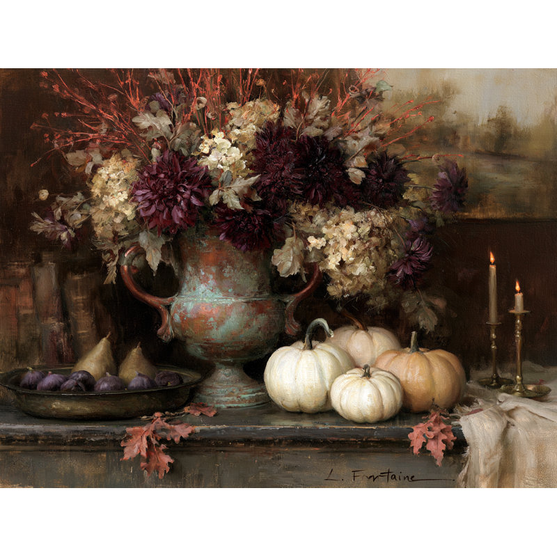 Art antique sur toile tendue avec fleurs et citrouilles, 36" W x 24" H x 1.5" D