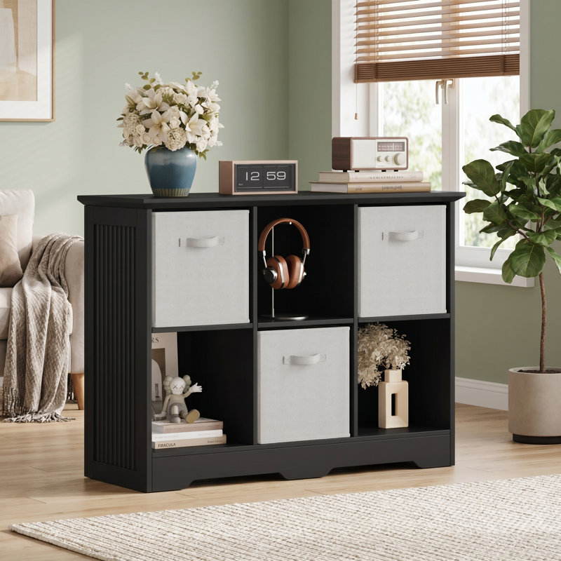 Bibliothèque décorative à 6 cubes l 37 "avec 3 bacs pliables en tissu, Noir