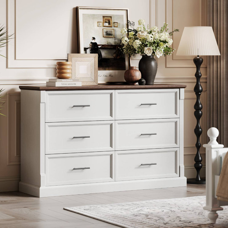 Farmhouse 6 Drawer Dresser for Bedroom, Rustic Wood Chest with Metal Handles, Large Organizer