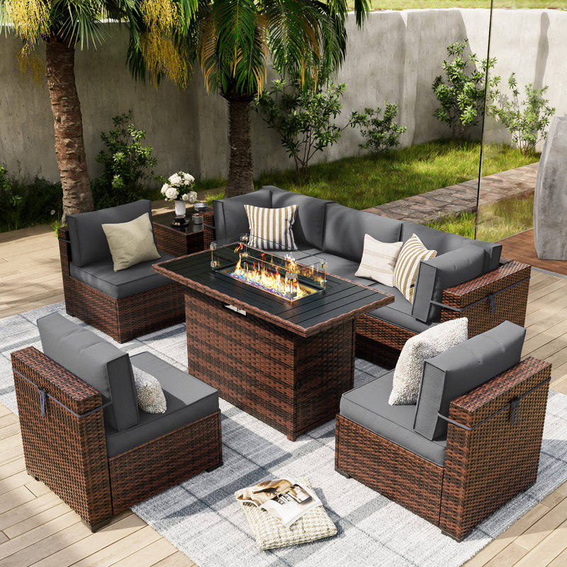 Romanas 8 Piece Patio Conversation Sets With Fire Pit Table, Gray