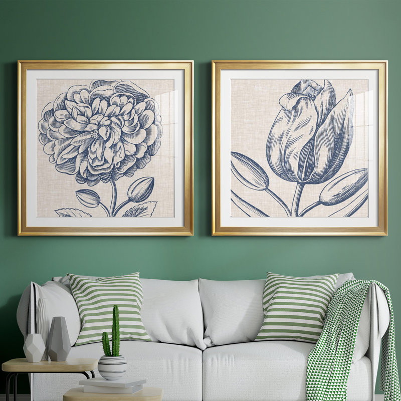 Indigo floral sur lin III - ensemble de 2 impressions d'art encadrées, H 26,5 po x l 53 po, Doré