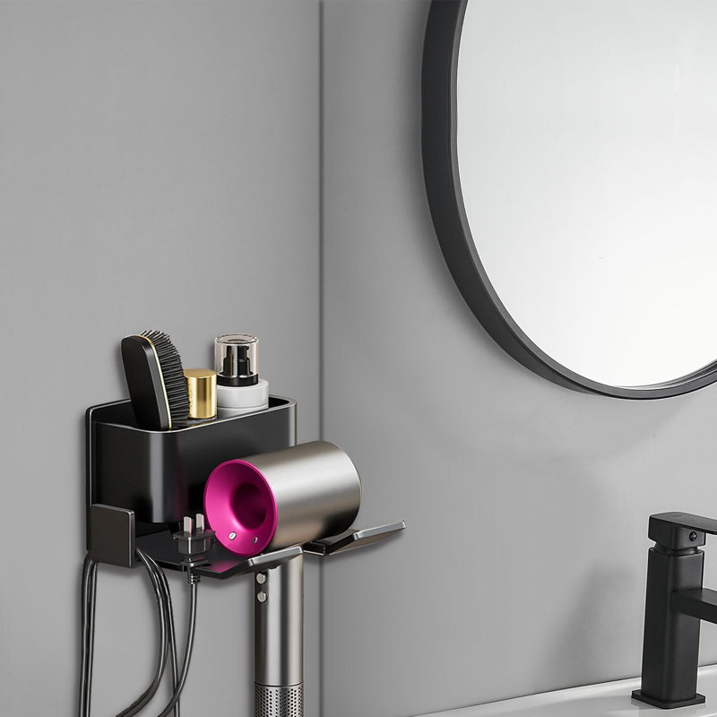 Aluminum Wall-Mounted Hair Dryer & Accessory Holder, Black