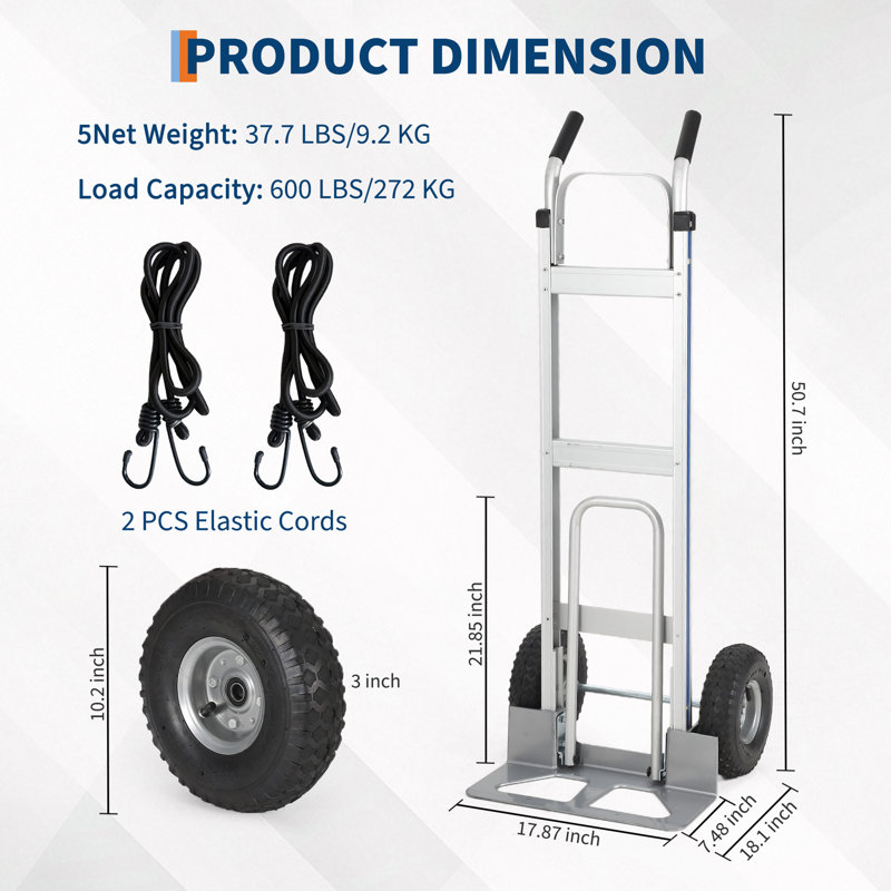 Chariot à main en aluminium, chariot à main robuste de 600 lb, chariot à main plateforme avec plaque de base extensible, 2 cordons élastiques pour le transport et le déplacement en entrepôt, magasin d'alimentation
