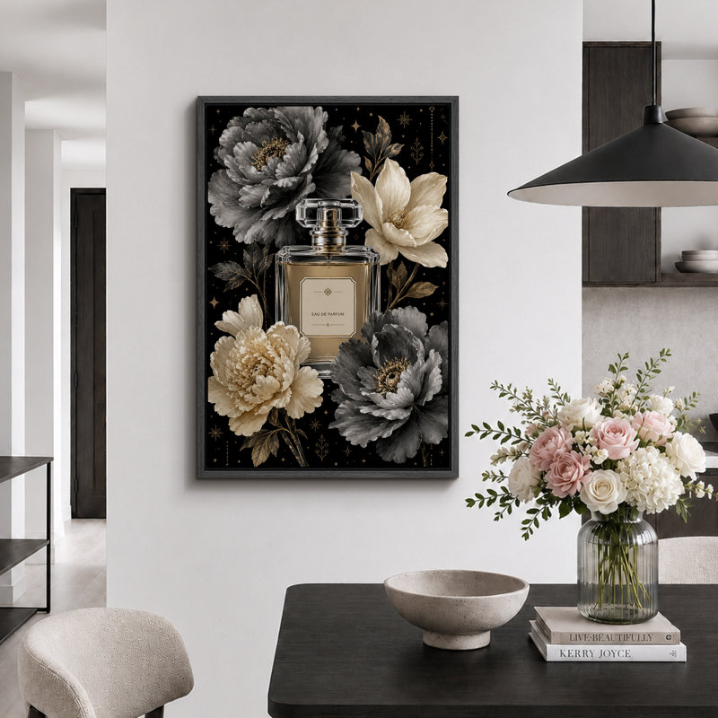 Bouteille de parfum noir doré avec des fleurs élégantes, images de chambre à coucher, impression sur toile encadrée