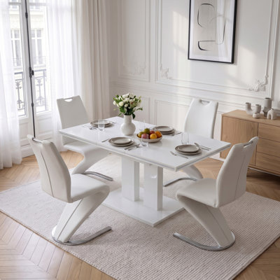 Expandable Dining Table Set of 4, 140-180cm High Gloss White Kitchen Table with 4 Chairs, Modern Pedestal Table for Living Room