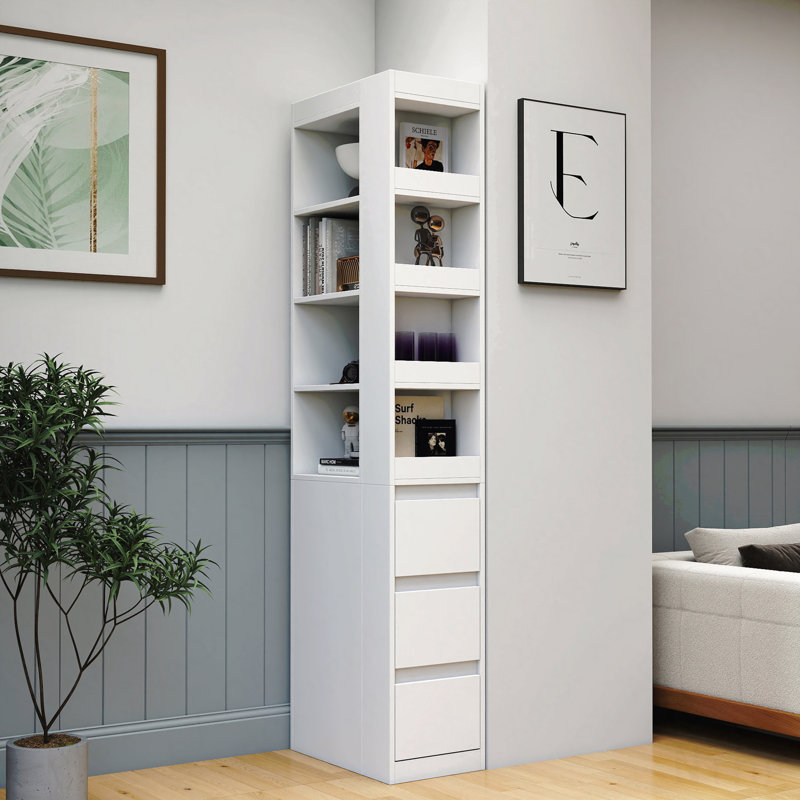 White 4 - Tier Shelf 71.14" H Display Storage Cabinet With 3 Side Drawers And Small Shelves For Ideal In Office Living Room Home Areas