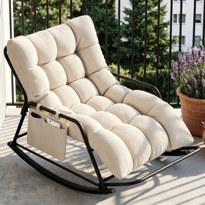 Fauteuil à bascule Papasan surdimensionné avec coussin épais en velours côtelé sur toute la longueur, repose-pieds et poche de rangement, fauteuil d'appoint extérieur pour chambre, salon ou balcon, beige