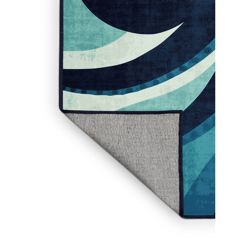 Machine Washable Ozain Octopus Modern Rug in Blue – Navy Binding, 6x9