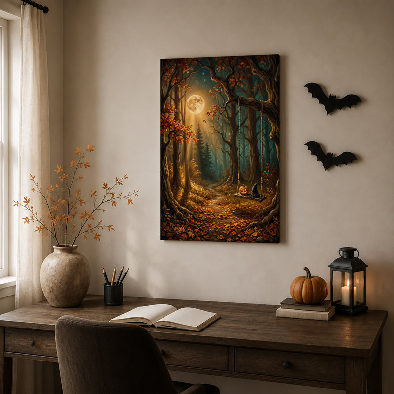 «Moonlit Autumn Forest» avec citrouille et chapeau de sorcière, art mural d'Halloween, H 24 po x l 16 po