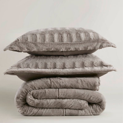 3 PCS Solid Faux Fur Comforter Mini Set Gray