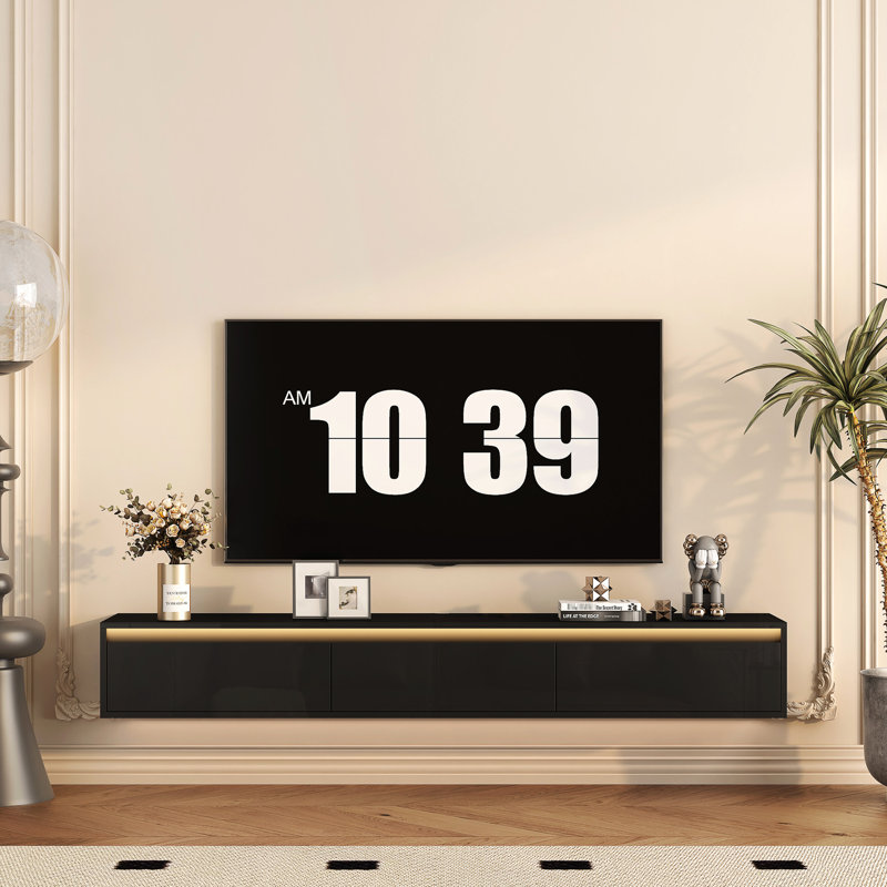 Meuble télé mural avec grande capacité et bloc d'alimentation, meuble noir ultrabrillant pour téléviseurs de 60 à 69 po, tablette fonctionnelle