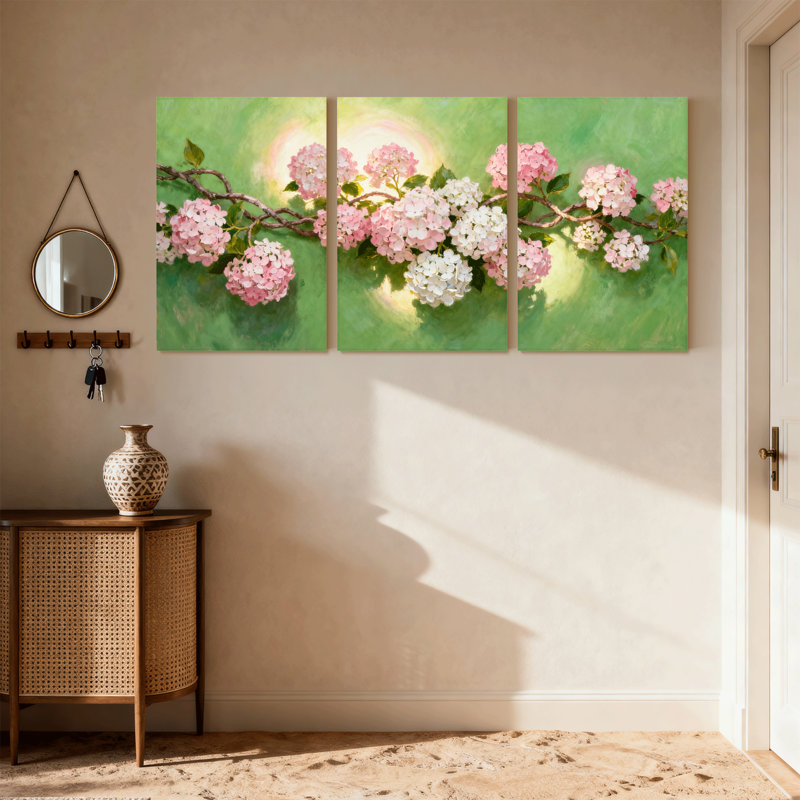 Ensemble de 3 impressions murales sur fond d'hortensia, H 30 po x l 60 po