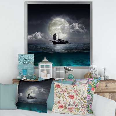 " Fisher Boat On The Lake During Full Moon "