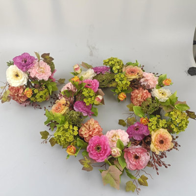 Couronne de pivoines et hortensias 18 po avec verdure luxuriante, couronne de fleurs artificielle avec base en rotin véritable, comprend 2 bouquets assortis, 18 22 24 po pour la décoration de la porte d'entrée