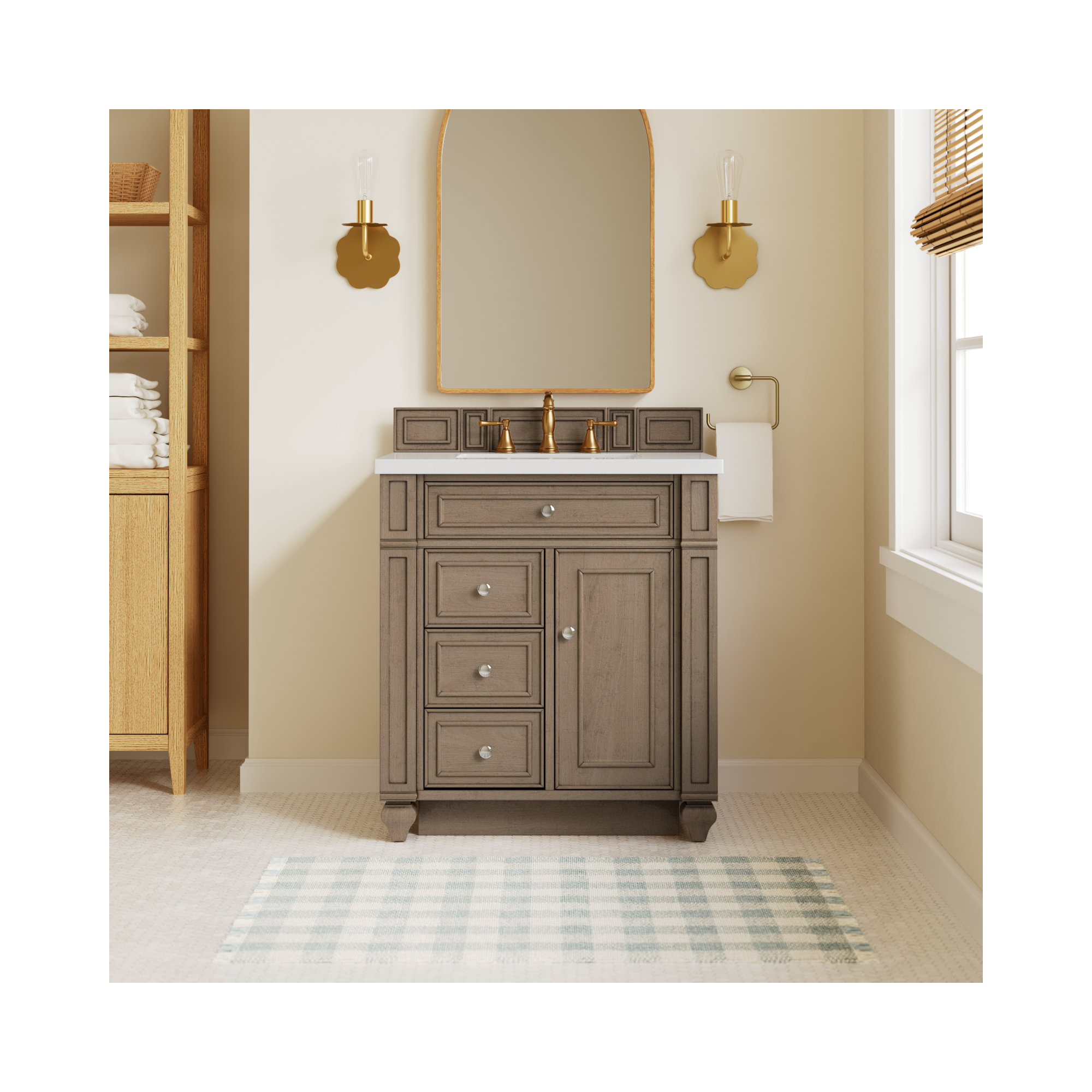 Bristol 30'' W Single Vanity, Whitewashed Walnut, White Zeus, 8" Widespread