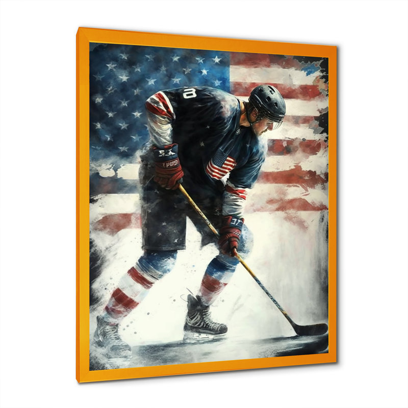 Hockey sur glace I - Peinture sur toile, H 32 po x l 24 po x P 1 po, Encadrement doré