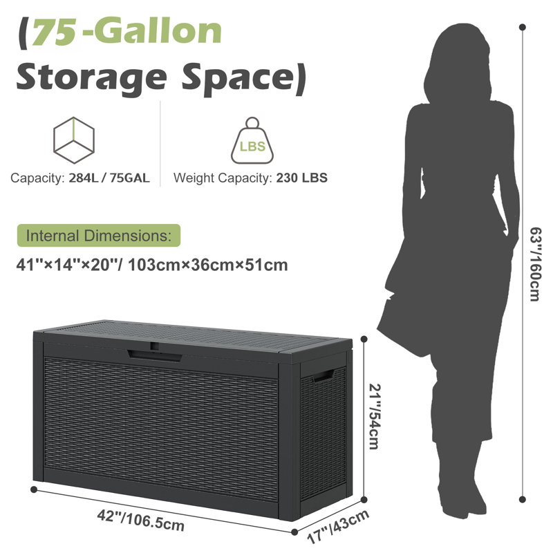 75 Gallon Water Resistant Resin Lockable Deck Box, Black, 20" H x 42" W x 17" D