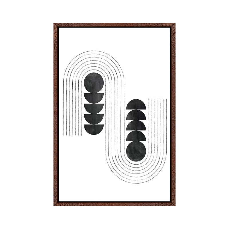 Black Shapes And Curved Lines - Painting on Canvas, 152.4cm H x 101.6cm W x 3.81cm D, Classic Brown Wood Framed