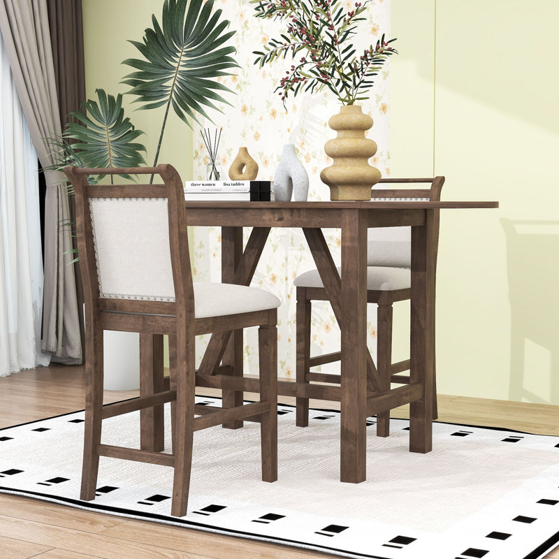 Ensemble de table de salle à manger à hauteur de comptoir en bois 3 pièces avec 2 chaises rembourrées, Brown